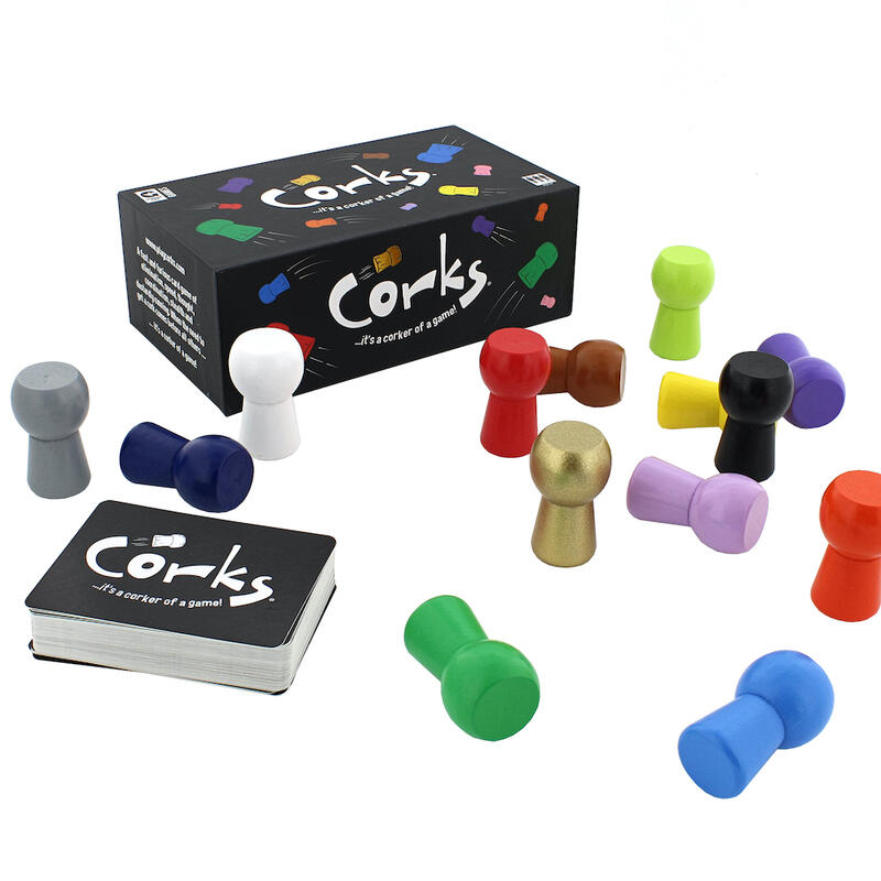 Corks party game box with contents in front on white background