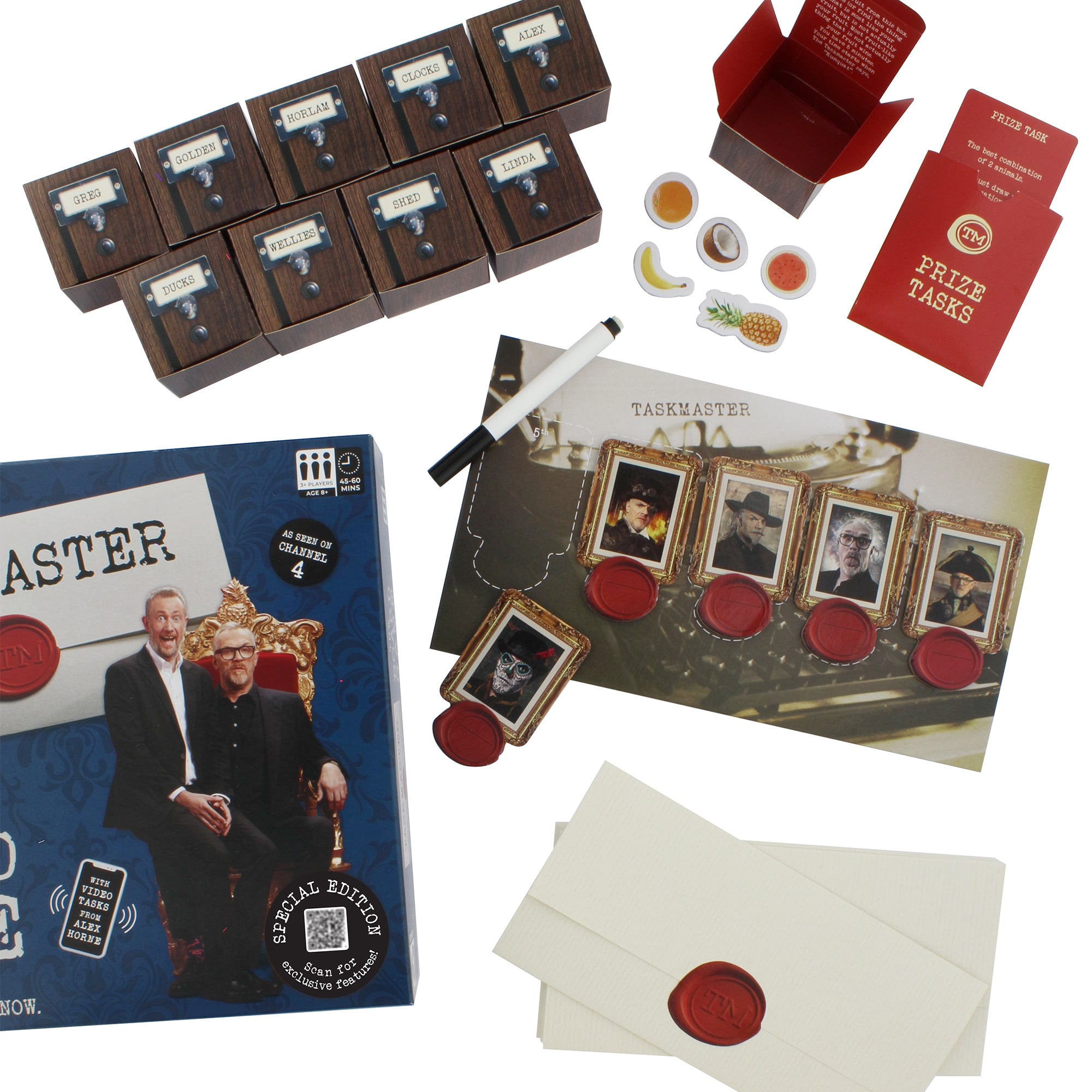 Taskmaster board game family party game box and contents aerial