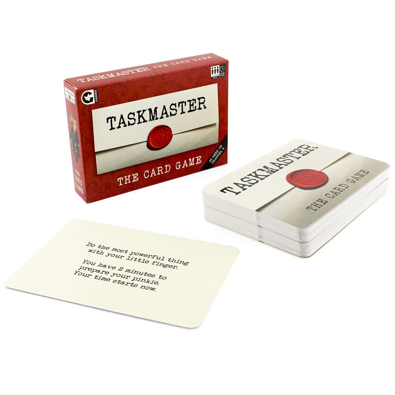 Taskmaster card game box and contents on white background