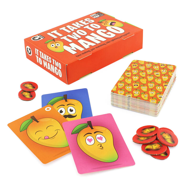 Mango game box laid flat with contents on white background