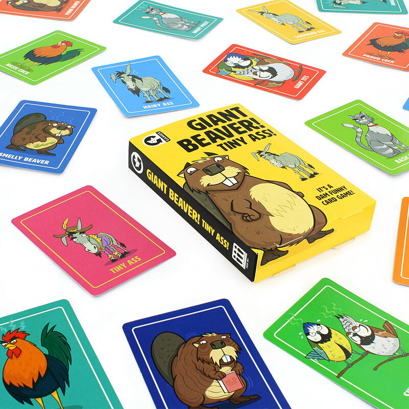 Giant Beaver Tiny Ass Card Game box and contents lay flat white background