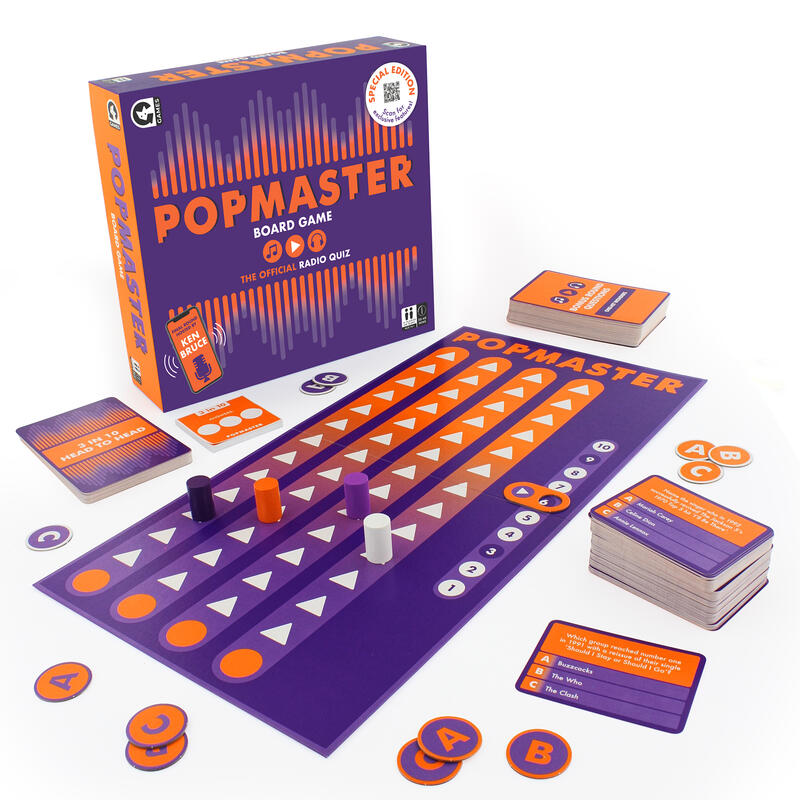 Popmaster board game angled box and contents on white background