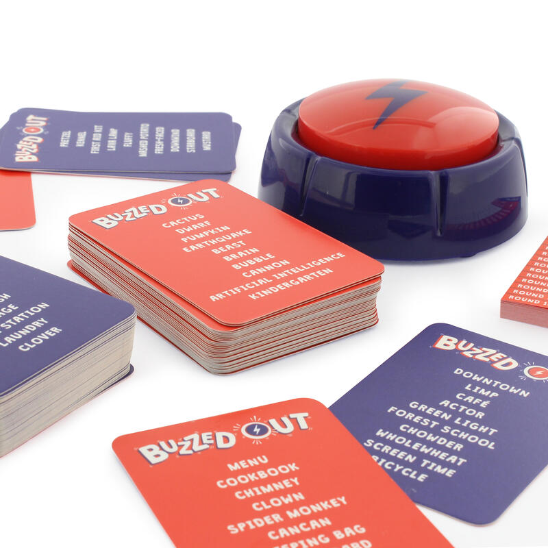 Buzzed out buzzer and cards on a white background