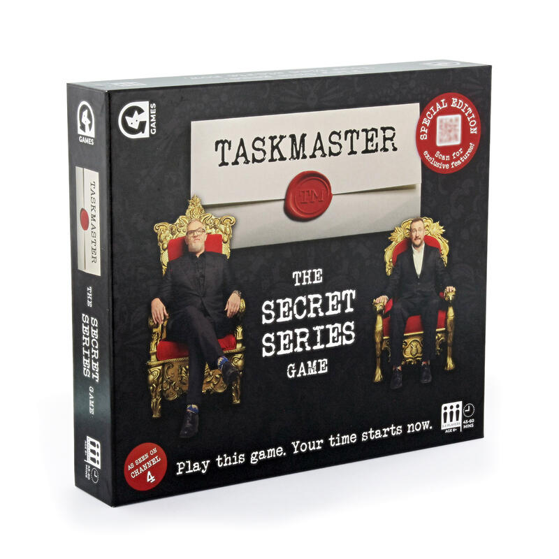 Taskmaster Secret Series Board game angled box on white background