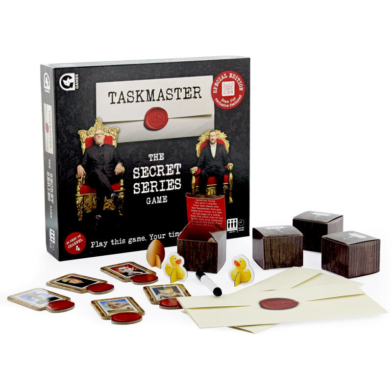 Taskmaster Secret Series board game angled box and contents on white background