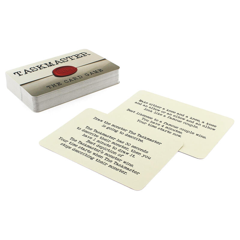 Taskmaster card game contents on white background