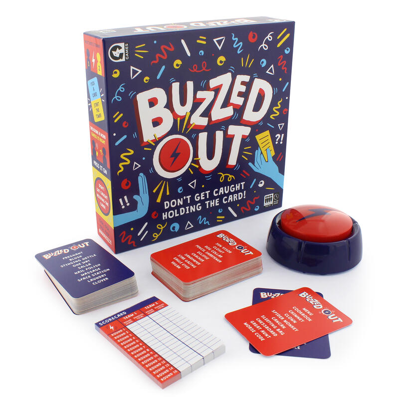 Buzzed out describing game with buzzed and cards in front of box