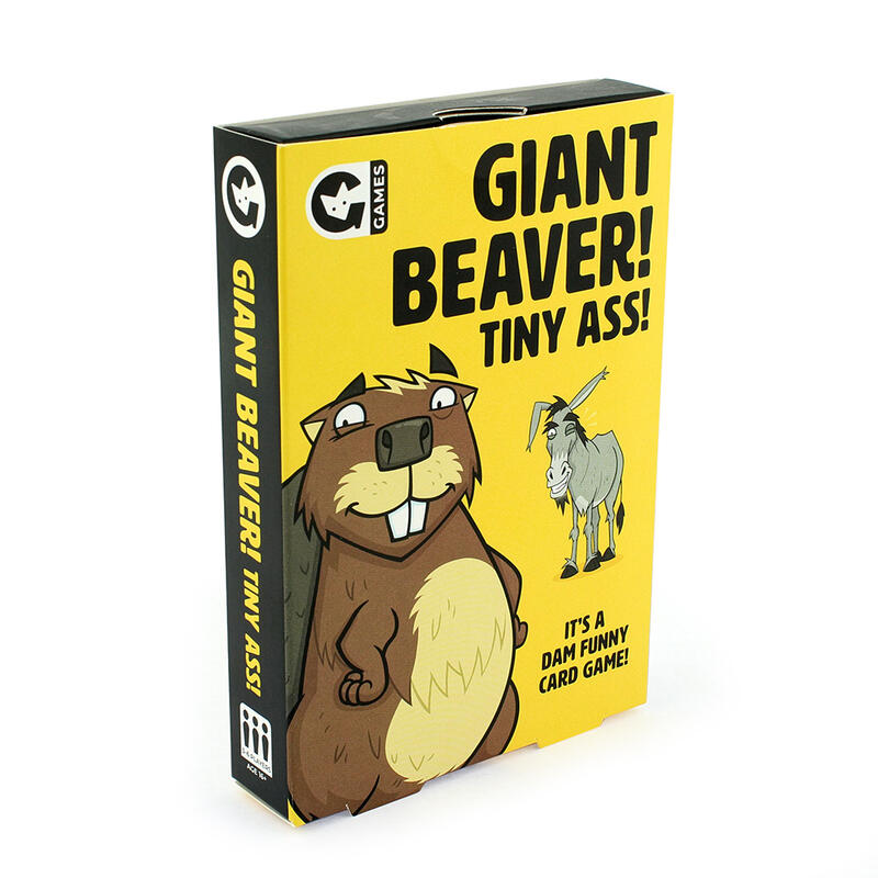 giant beaver tiny ass card game box stood angled on white background