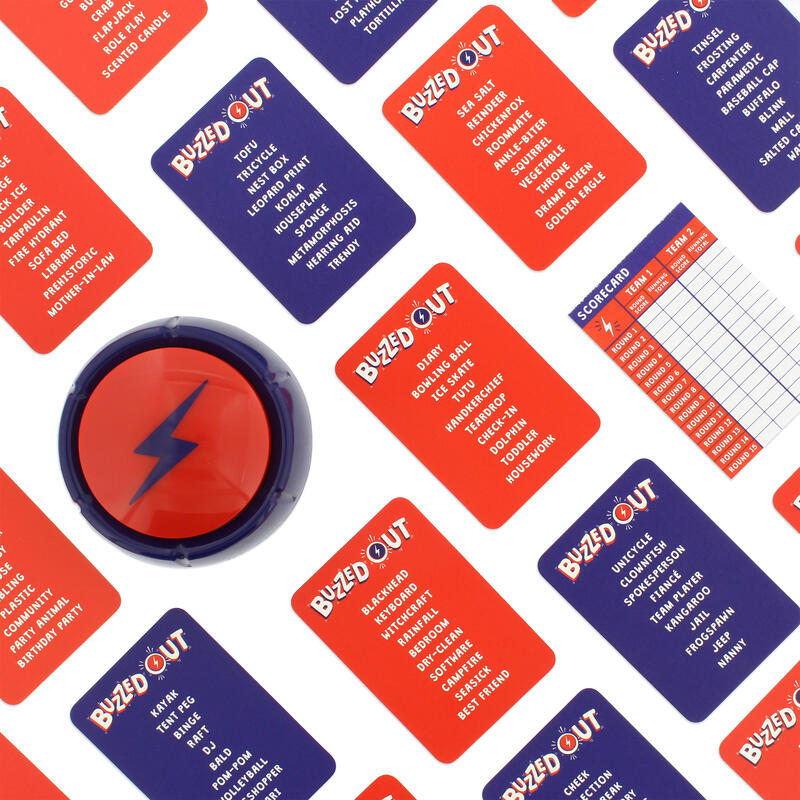 Buzzed out cards with buzzer on a white background