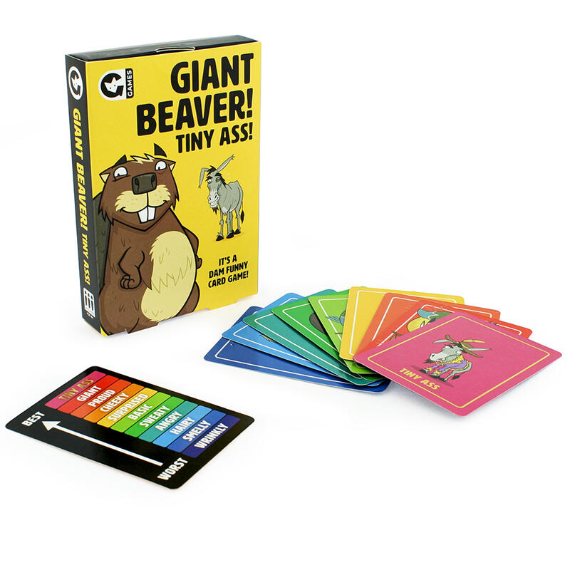 Giant beaver tiny ass card game angled box and contents on white background