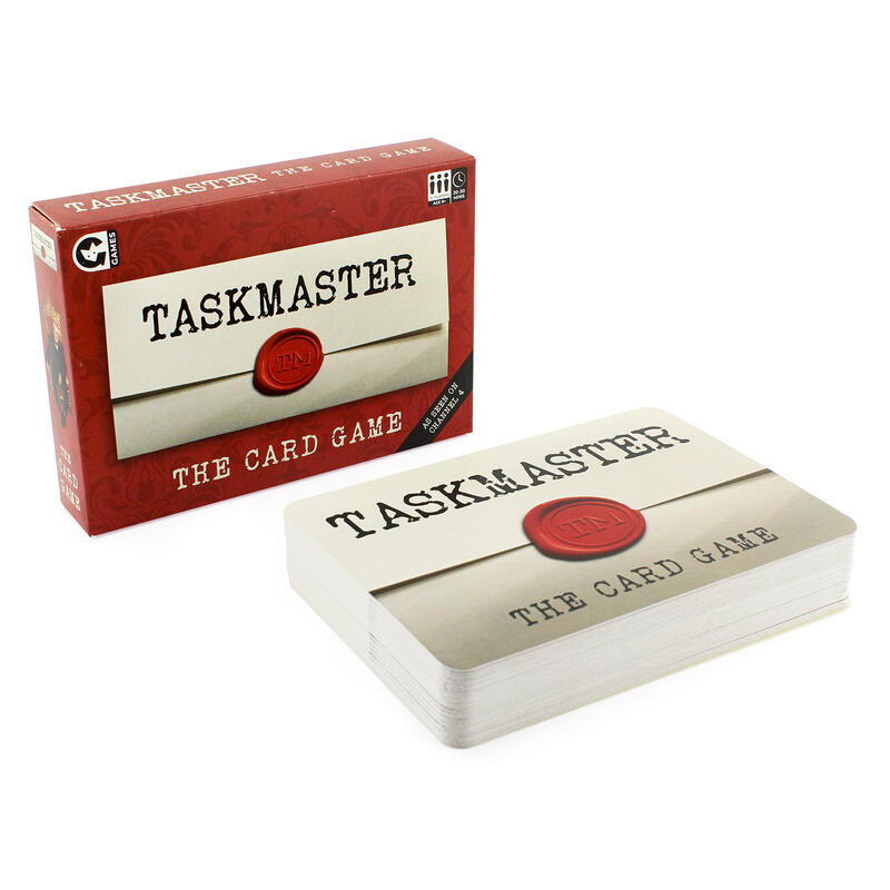 Taskmaster card game box and cards on white background