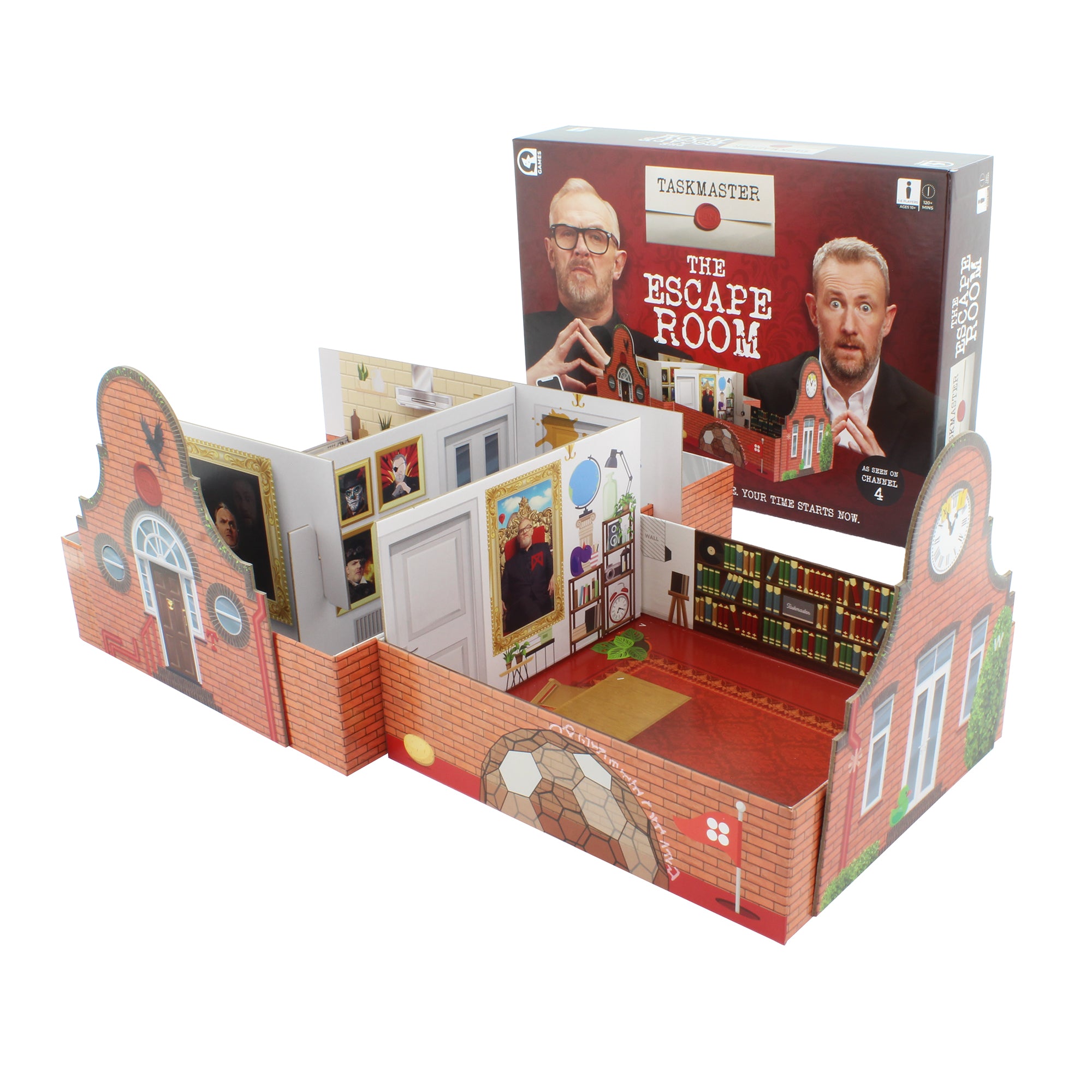 Taskmaster escape room board game box and house model setup