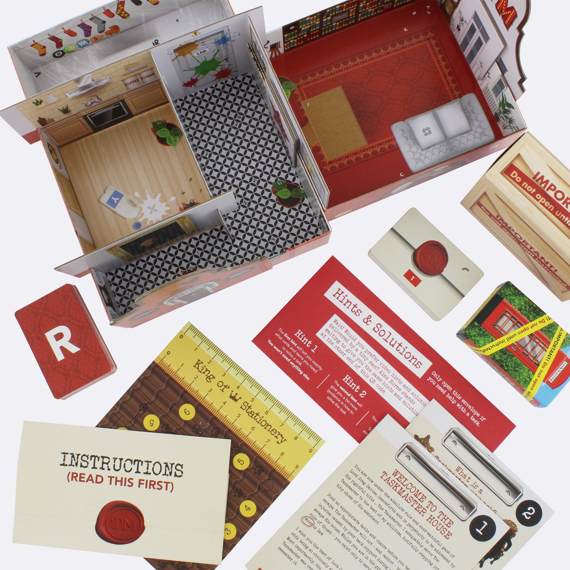 Taskmaster escape room board game contents aerial