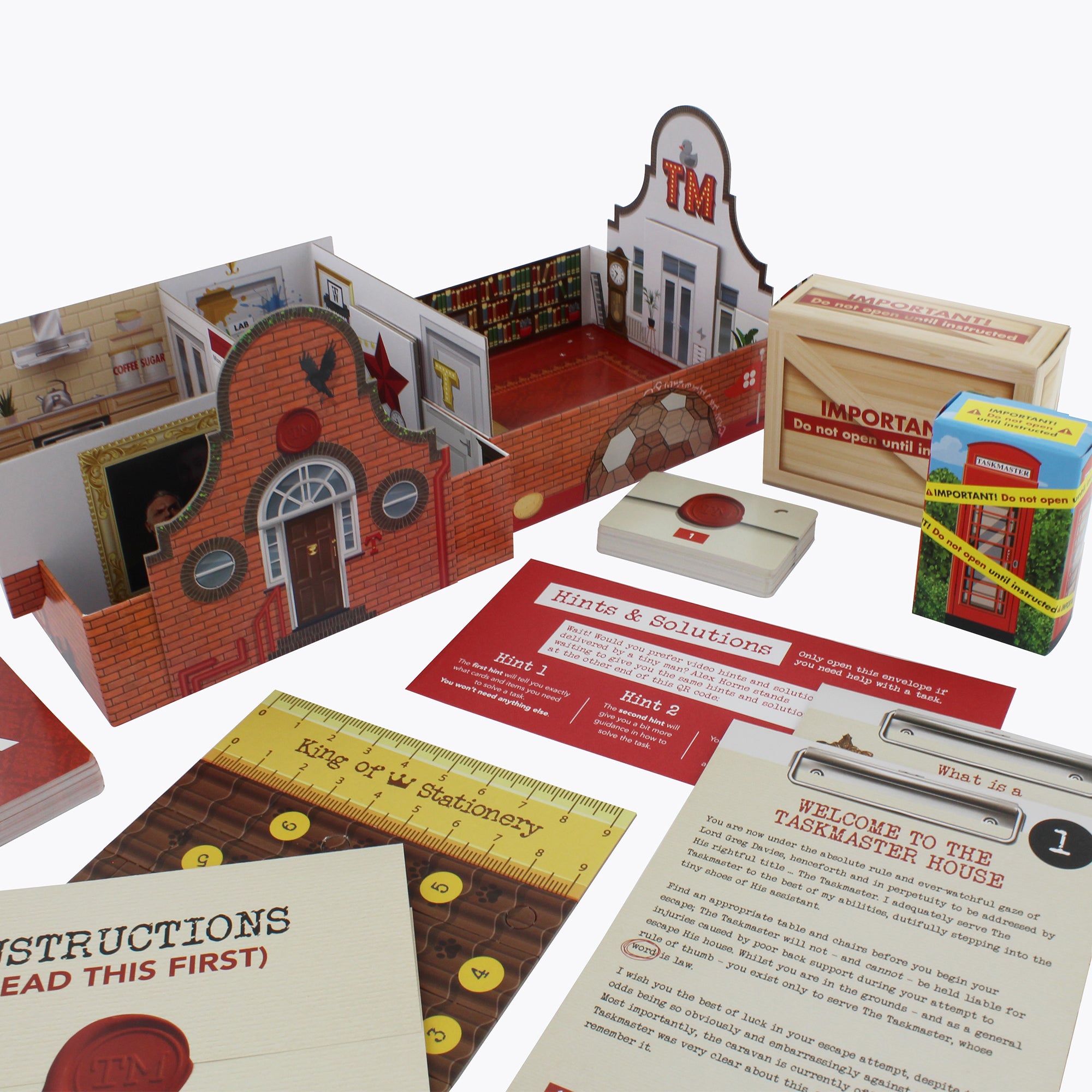 Taskmaster escape room board game contents close up